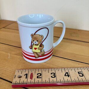 Skipping Teddy Bear Cameron Mug Vintage Ceramic Made in Japan White & Red Stripe